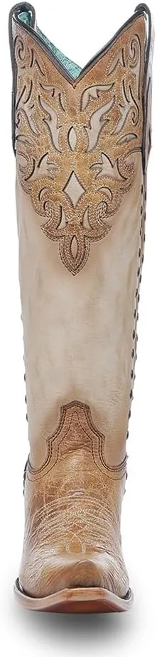 CORRAL LADIE'S HONEY/BONE OVERLAY & EMBROIDERY & STUDS TALL TOP, LEATHER SOLE, COWHIDE LEATHER, WESTERN BOOT, C4218