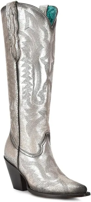 CORRAL LADIE'S OLADIE'S SILVER METALLIZED LEATHER & EMBROIDERY TALL TOP POINTED TOE, LEATHER SOLE, COWHIDE LEATHER, URBAN BOOTS, Z5224
