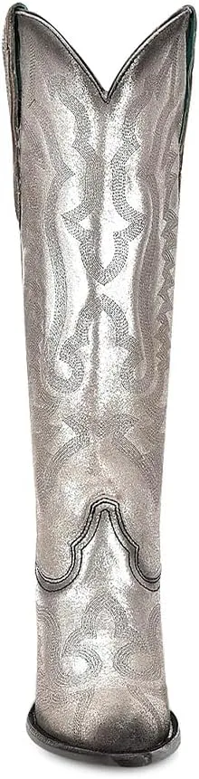CORRAL LADIE'S OLADIE'S SILVER METALLIZED LEATHER & EMBROIDERY TALL TOP POINTED TOE, LEATHER SOLE, COWHIDE LEATHER, URBAN BOOTS, Z5224