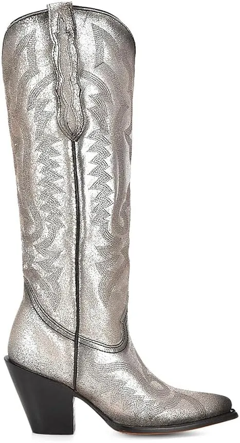 CORRAL LADIE'S OLADIE'S SILVER METALLIZED LEATHER & EMBROIDERY TALL TOP POINTED TOE, LEATHER SOLE, COWHIDE LEATHER, URBAN BOOTS, Z5224