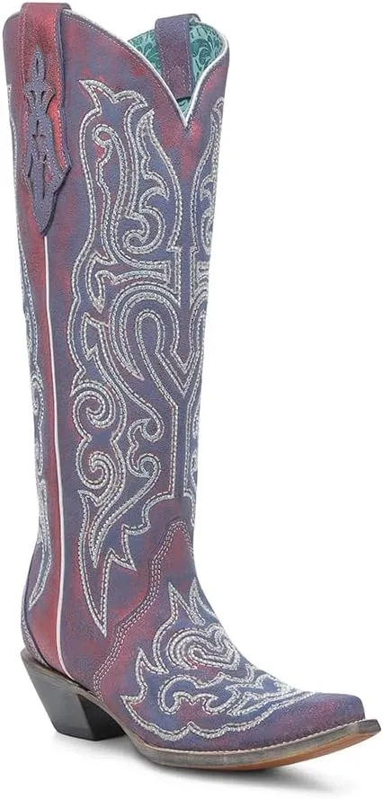 CORRAL LADIE'S RED-BLUE CHAMELEON EFFECT & EMBROIDERY & CRYSTALS TALL TOP, LEATHER SOLE, COWHIDE LEATHER, WESTERN BOOT, A4772