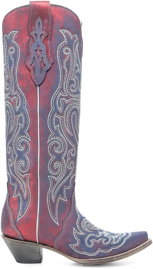 CORRAL LADIE'S RED-BLUE CHAMELEON EFFECT & EMBROIDERY & CRYSTALS TALL TOP, LEATHER SOLE, COWHIDE LEATHER, WESTERN BOOT, A4772