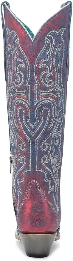 CORRAL LADIE'S RED-BLUE CHAMELEON EFFECT & EMBROIDERY & CRYSTALS TALL TOP, LEATHER SOLE, COWHIDE LEATHER, WESTERN BOOT, A4772