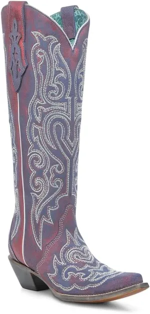CORRAL LADIE'S RED-BLUE CHAMELEON EFFECT & EMBROIDERY & CRYSTALS TALL TOP, LEATHER SOLE, COWHIDE LEATHER, WESTERN BOOT, A4772