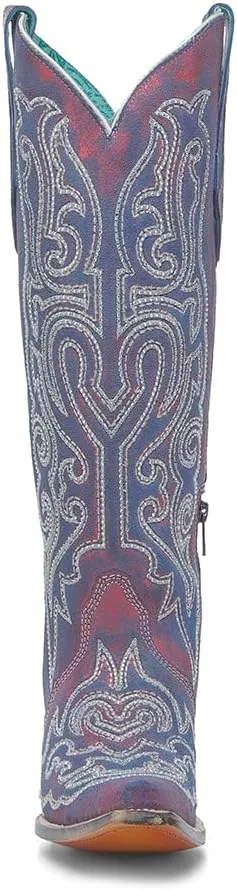 CORRAL LADIE'S RED-BLUE CHAMELEON EFFECT & EMBROIDERY & CRYSTALS TALL TOP, LEATHER SOLE, COWHIDE LEATHER, WESTERN BOOT, A4772