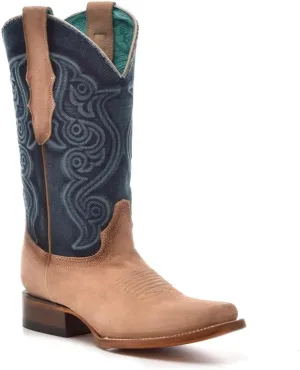 CORRAL LADIE'S SAND-DENIM EMBROIDERY SQ. TOE, LEATHER SOLE, COWHIDE LEATHER, WESTERN BOOTS, Z5220
