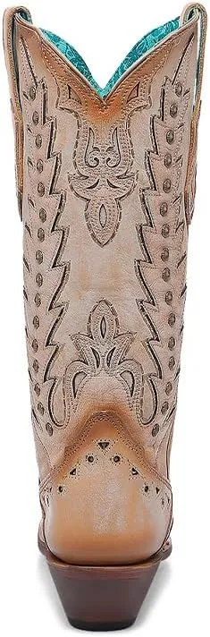 CORRAL LADIE'S SAND EMBROIDERY & OVERLAY & STUDS WING TIP, LEATHER SOLE, COWHIDE LEATHER, WESTERN BOOT, A4740