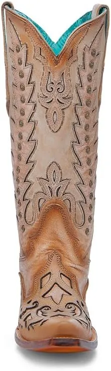 CORRAL LADIE'S SAND EMBROIDERY & OVERLAY & STUDS WING TIP, LEATHER SOLE, COWHIDE LEATHER, WESTERN BOOT, A4740
