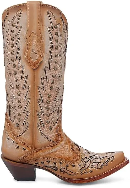 CORRAL LADIE'S SAND EMBROIDERY & OVERLAY & STUDS WING TIP, LEATHER SOLE, COWHIDE LEATHER, WESTERN BOOT, A4740