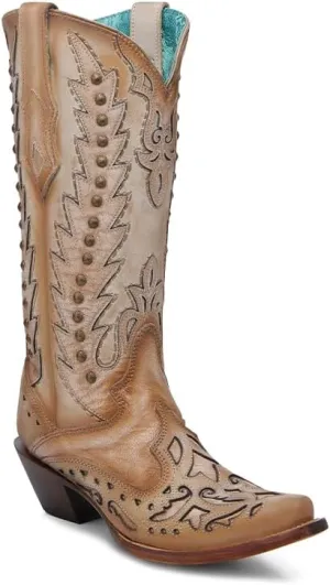 CORRAL LADIE'S SAND EMBROIDERY & OVERLAY & STUDS WING TIP, LEATHER SOLE, COWHIDE LEATHER, WESTERN BOOT, A4740