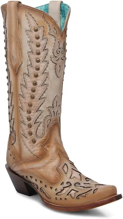 CORRAL LADIE'S SAND EMBROIDERY & OVERLAY & STUDS WING TIP, LEATHER SOLE, COWHIDE LEATHER, WESTERN BOOT, A4740