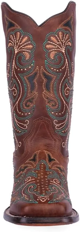 CORRAL LADIE'S TAN EMBROIDERY & STUDS WIDE SQ TOE, CORRAL 43.8 X 34.8 X 11.0 SOLE,COWHIDE LEATHER, WESTERN BOOT, A4485