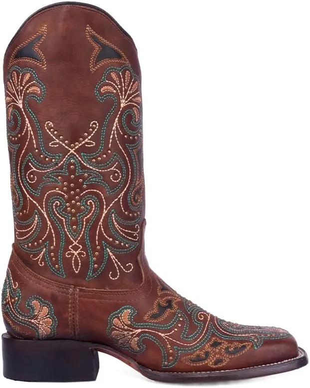 CORRAL LADIE'S TAN EMBROIDERY & STUDS WIDE SQ TOE, CORRAL 43.8 X 34.8 X 11.0 SOLE,COWHIDE LEATHER, WESTERN BOOT, A4485