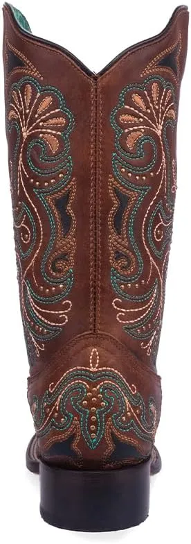 CORRAL LADIE'S TAN EMBROIDERY & STUDS WIDE SQ TOE, CORRAL 43.8 X 34.8 X 11.0 SOLE,COWHIDE LEATHER, WESTERN BOOT, A4485