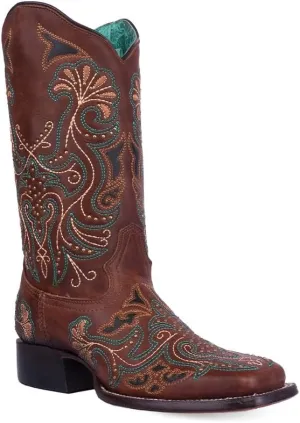CORRAL LADIE'S TAN EMBROIDERY & STUDS WIDE SQ TOE, CORRAL 43.8 X 34.8 X 11.0 SOLE,COWHIDE LEATHER, WESTERN BOOT, A4485