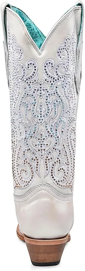 CORRAL LADIE'S WHITE EMBROIDERY & CRYSTALS, LEATHER SOLE, COWHIDE LEATHER, WESTERN BOOTS, C4103