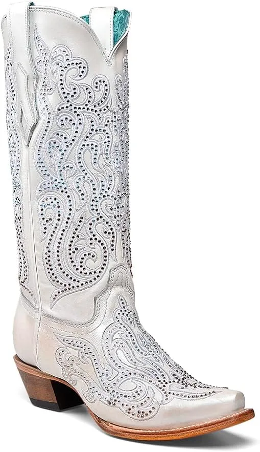 CORRAL LADIE'S WHITE EMBROIDERY & CRYSTALS, LEATHER SOLE, COWHIDE LEATHER, WESTERN BOOTS, C4103