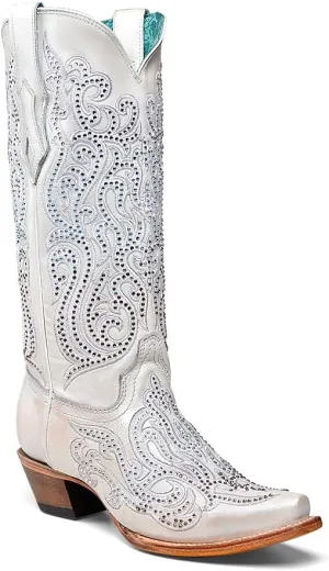 CORRAL LADIE'S WHITE EMBROIDERY & CRYSTALS, LEATHER SOLE, COWHIDE LEATHER, WESTERN BOOTS, C4103