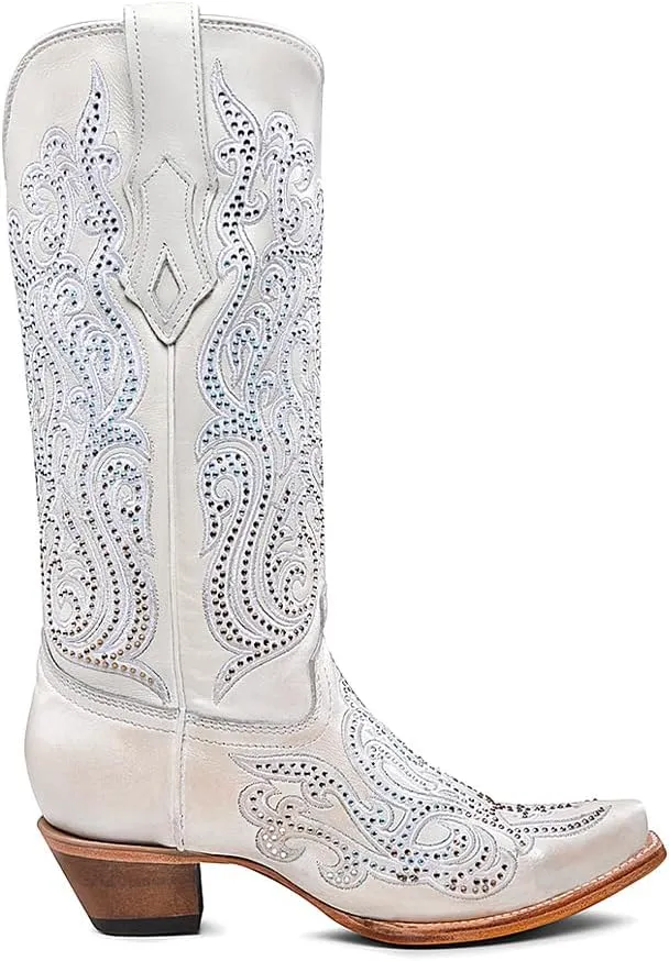 CORRAL LADIE'S WHITE EMBROIDERY & CRYSTALS, LEATHER SOLE, COWHIDE LEATHER, WESTERN BOOTS, C4103