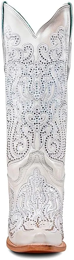 CORRAL LADIE'S WHITE EMBROIDERY & CRYSTALS, LEATHER SOLE, COWHIDE LEATHER, WESTERN BOOTS, C4103