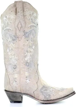 CORRAL LADIE'S WHITE FLORAL EMBROIDERY & CRYSTALS, SNIP TOE, LEATHER SOLE, WESTERN, A3521