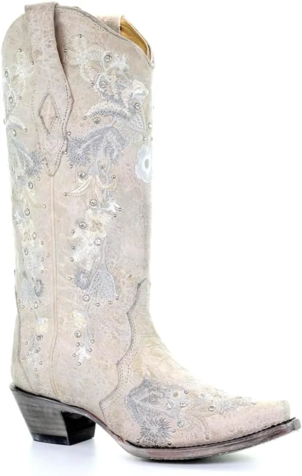 CORRAL LADIE'S WHITE FLORAL EMBROIDERY & CRYSTALS, SNIP TOE, LEATHER SOLE, WESTERN, A3521