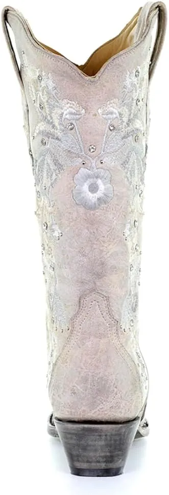 CORRAL LADIE'S WHITE FLORAL EMBROIDERY & CRYSTALS, SNIP TOE, LEATHER SOLE, WESTERN, A3521