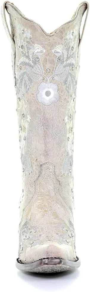 CORRAL LADIE'S WHITE FLORAL EMBROIDERY & CRYSTALS, SNIP TOE, LEATHER SOLE, WESTERN, A3521