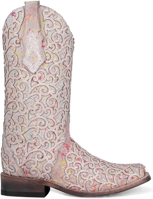 CORRAL LADIE'S WHITE GLITTER OVERLAY & TRIAD SQ. TOE NEON BLACK LIGHT, CORRAL 43.8 X 34.8 X 11.0 SOLE,COWHIDE LEATHER, WESTERN BOOT, C4062