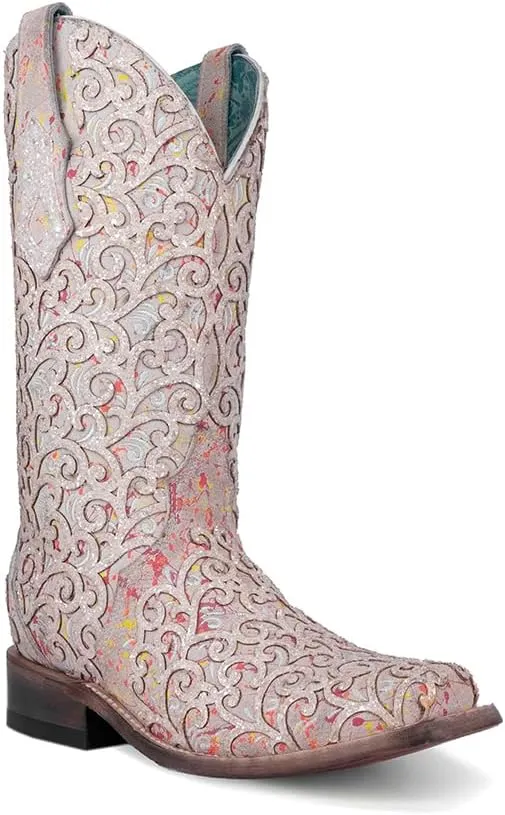 CORRAL LADIE'S WHITE GLITTER OVERLAY & TRIAD SQ. TOE NEON BLACK LIGHT, CORRAL 43.8 X 34.8 X 11.0 SOLE,COWHIDE LEATHER, WESTERN BOOT, C4062