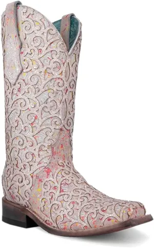 CORRAL LADIE'S WHITE GLITTER OVERLAY & TRIAD SQ. TOE NEON BLACK LIGHT, CORRAL 43.8 X 34.8 X 11.0 SOLE,COWHIDE LEATHER, WESTERN BOOT, C4062