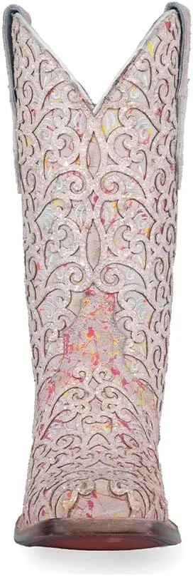 CORRAL LADIE'S WHITE GLITTER OVERLAY & TRIAD SQ. TOE NEON BLACK LIGHT, CORRAL 43.8 X 34.8 X 11.0 SOLE,COWHIDE LEATHER, WESTERN BOOT, C4062