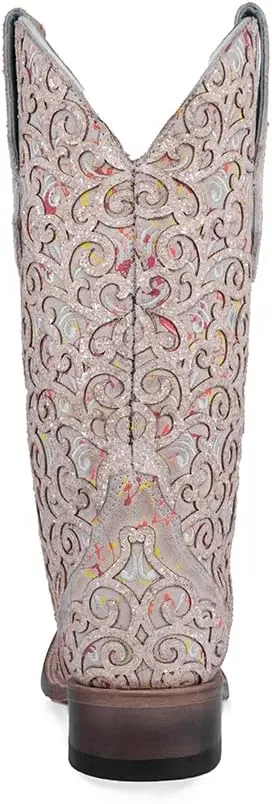 CORRAL LADIE'S WHITE GLITTER OVERLAY & TRIAD SQ. TOE NEON BLACK LIGHT, CORRAL 43.8 X 34.8 X 11.0 SOLE,COWHIDE LEATHER, WESTERN BOOT, C4062