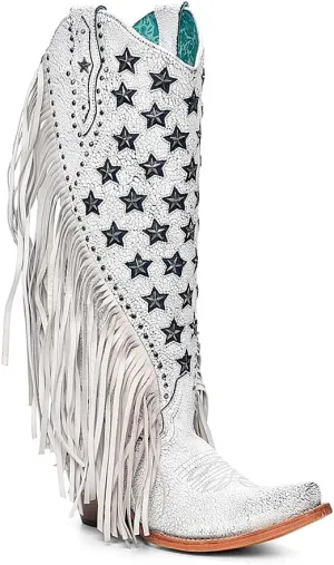 CORRAL LADIE'S WHITE LAMB LUMINISCENT EMBROIDERY & STAR STUDS & FRINGES, LEATHER SOLE, COWHIDE/LAMB LEATHER, WESTERN BOOTS, C4155