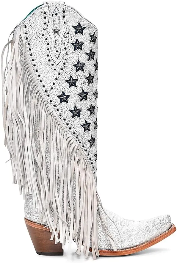 CORRAL LADIE'S WHITE LAMB LUMINISCENT EMBROIDERY & STAR STUDS & FRINGES, LEATHER SOLE, COWHIDE/LAMB LEATHER, WESTERN BOOTS, C4155