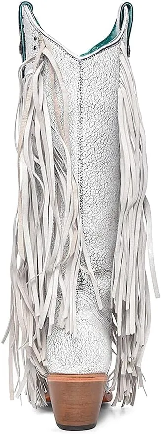 CORRAL LADIE'S WHITE LAMB LUMINISCENT EMBROIDERY & STAR STUDS & FRINGES, LEATHER SOLE, COWHIDE/LAMB LEATHER, WESTERN BOOTS, C4155
