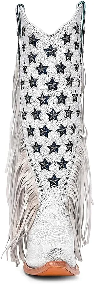 CORRAL LADIE'S WHITE LAMB LUMINISCENT EMBROIDERY & STAR STUDS & FRINGES, LEATHER SOLE, COWHIDE/LAMB LEATHER, WESTERN BOOTS, C4155