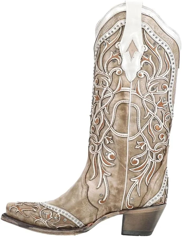 CORRAL LADIE'S WHITE OVERLAY & EMBROIDERY & STUDS & CRYSTALS, SNIP TOE, LEATHER SOLE, WESTERN, A3837