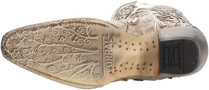 CORRAL LADIE'S WHITE OVERLAY & EMBROIDERY & STUDS & CRYSTALS, SNIP TOE, LEATHER SOLE, WESTERN, A3837