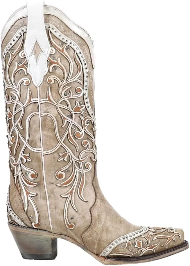 CORRAL LADIE'S WHITE OVERLAY & EMBROIDERY & STUDS & CRYSTALS, SNIP TOE, LEATHER SOLE, WESTERN, A3837
