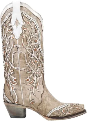 CORRAL LADIE'S WHITE OVERLAY & EMBROIDERY & STUDS & CRYSTALS, SNIP TOE, LEATHER SOLE, WESTERN, A3837