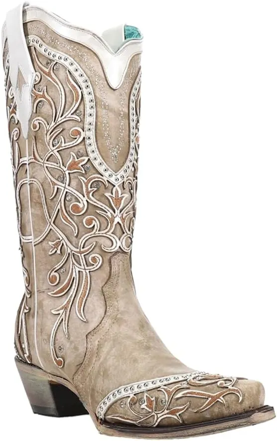 CORRAL LADIE'S WHITE OVERLAY & EMBROIDERY & STUDS & CRYSTALS, SNIP TOE, LEATHER SOLE, WESTERN, A3837