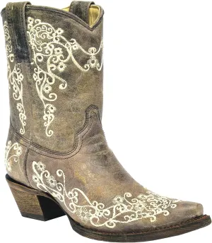 Corral Women's 9-inch Brown Crater Bone Embroidery Snip Toe Short Leather Boots - 11 B