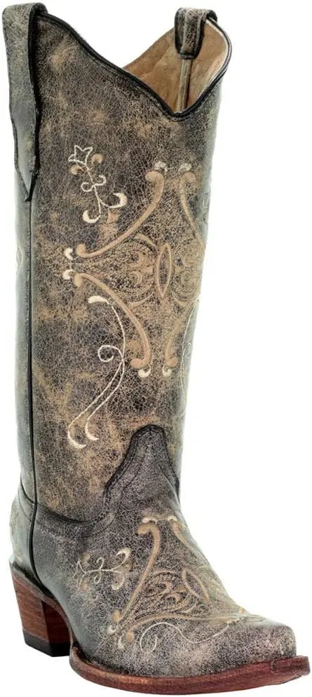 Corral Womens Black Crackle/Bone Embroidery, Size: