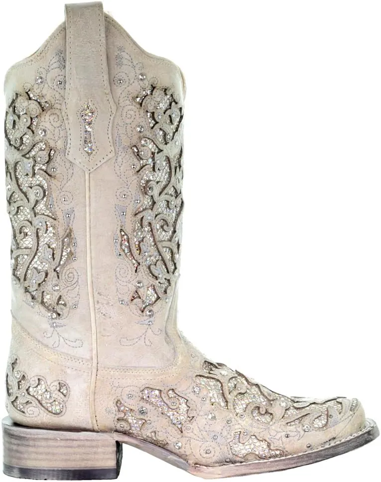 CORRAL Women's LD Embroidery Decorated 11.5in Shaft Square Toe Leather Western Boot, White/White, Size 6.5