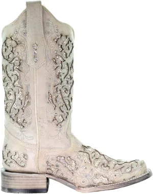CORRAL Women's LD Embroidery Decorated 11.5in Shaft Square Toe Leather Western Boot, White/White, Size 6.5