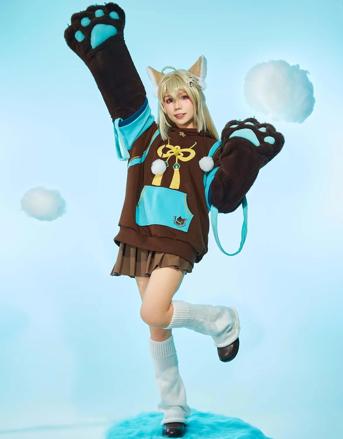 Cosplay.fm Pullover Hoodie with Detachable Paw Sleeves Furry Paw Gloves Bag Bunny Ear Sweatshirt Kirara Cosplay Costume