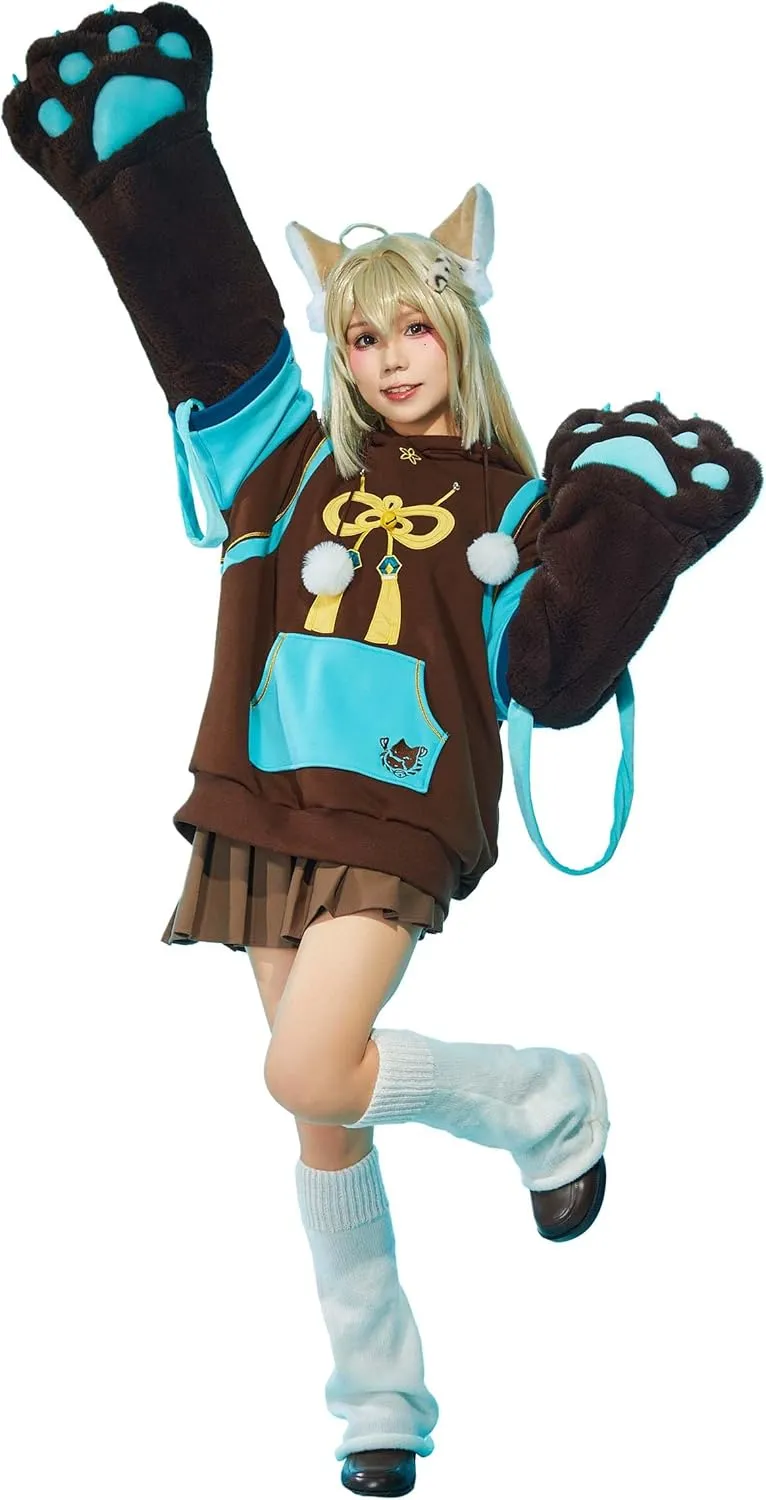 Cosplay.fm Pullover Hoodie with Detachable Paw Sleeves Furry Paw Gloves Bag Bunny Ear Sweatshirt Kirara Cosplay Costume