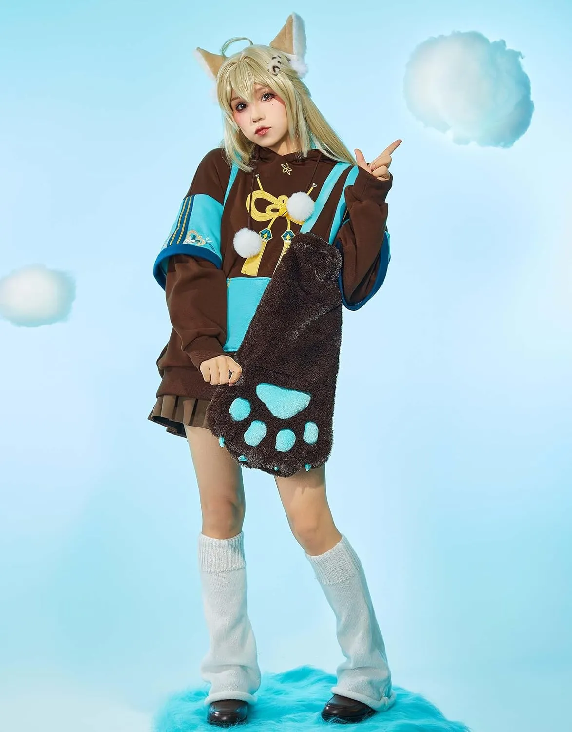 Cosplay.fm Pullover Hoodie with Detachable Paw Sleeves Furry Paw Gloves Bag Bunny Ear Sweatshirt Kirara Cosplay Costume