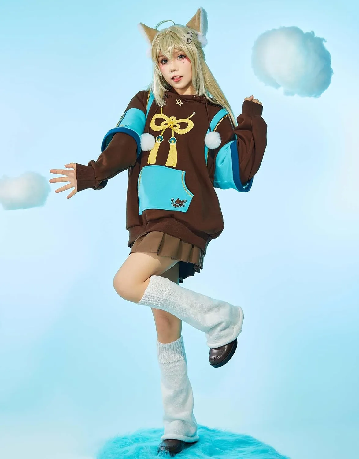 Cosplay.fm Pullover Hoodie with Detachable Paw Sleeves Furry Paw Gloves Bag Bunny Ear Sweatshirt Kirara Cosplay Costume